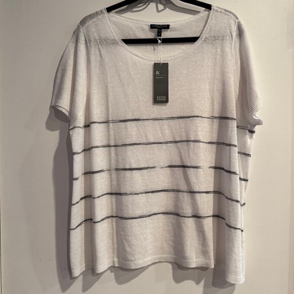 New Eileen Fisher Ballet Neck Tee White Striped Knit Pullover Short Sleeve Sz 2X - Picture 1 of 7